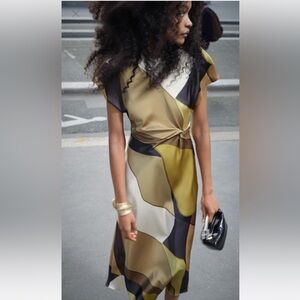 ZARA PRINTED SATIN EFFECT MIDI DRESS